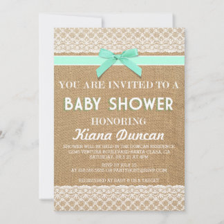 Blue Bow Lace Burlap Baby Shower Invitation