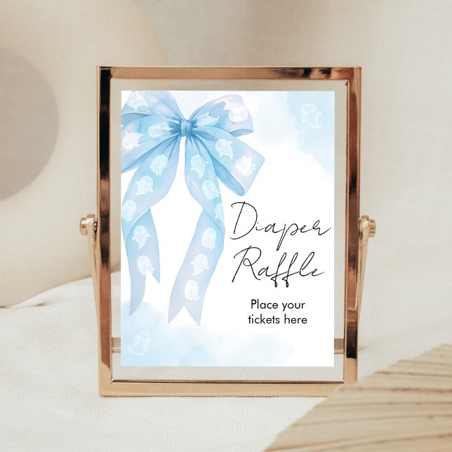 Blue Bow Little Boo Shower Diaper Raffle Sign (Boy Coquette Halloween Baby Shower Diaper Raffle Sign)