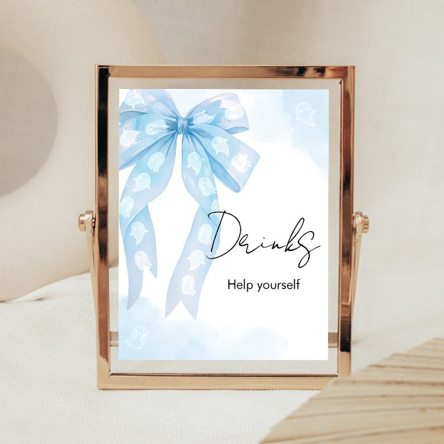 Blue Bow Little Boo Shower Drinks Sign (Boy Coquette Halloween Baby Shower Drinks Sign)