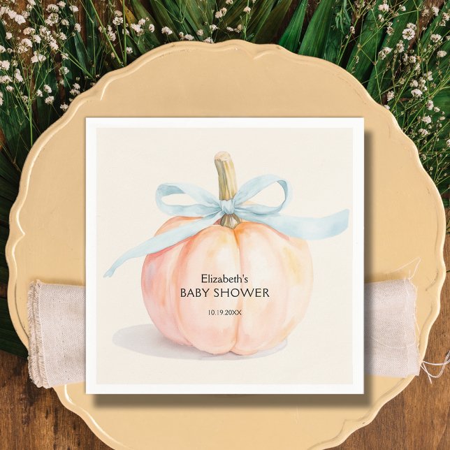 Blue Bow Little Pumpkin Baby Shower Napkin (Blue Bow Little Pumpkin Boy Baby Shower Napkins)