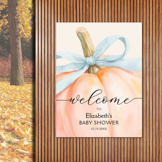 Blue Bow Little Pumpkin Baby Shower Welcome Poster (Boy baby shower pumpkin welcome poster, PRINTED and/or INSTANT DOWNLOAD, choose size when ordering)
