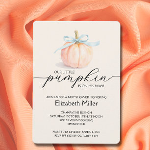 Blue Bow Little Pumpkin Boy Baby Shower Invitation
