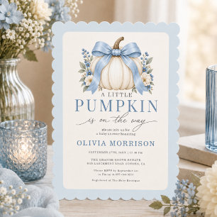Blue Bow Little Pumpkin Boy Baby Shower Invitation