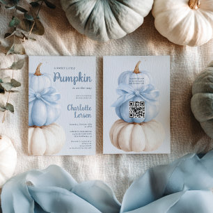 Blue Bow Little Pumpkin Boy Baby Shower QR Code  Invitation