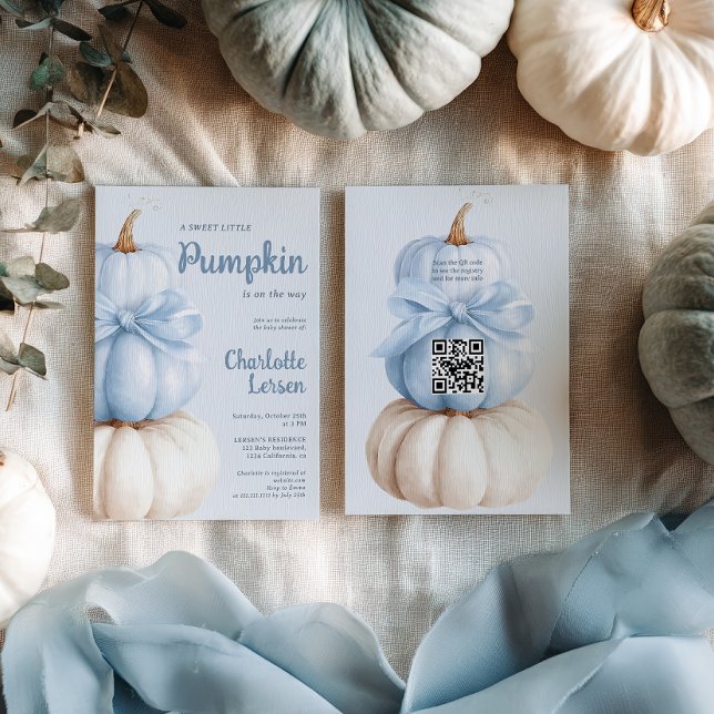 Blue Bow Little Pumpkin Boy Baby Shower QR Code  Invitation (Blue Bow Little Pumpkin Boy Baby Shower QR Code Invitation)