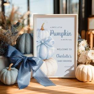 Blue Bow Little Pumpkin Boy Baby Shower Welcome Poster