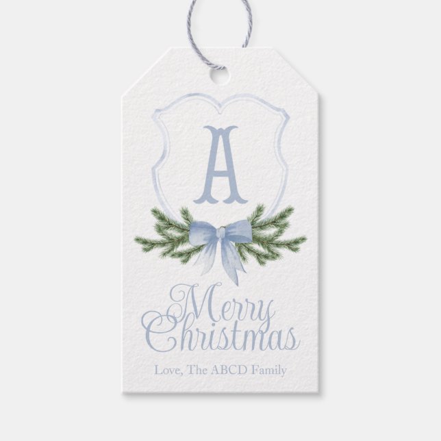 Blue Bow Merry Christmas Crest Gift Tag - A (Front)