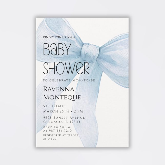 Blue Bow Minimal Elegant Personalised Baby Shower Invitation (Creator Uploaded)