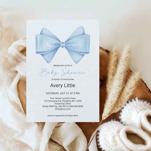 Blue Bow Modern Boy Baby Shower Invitation (Creator Uploaded)