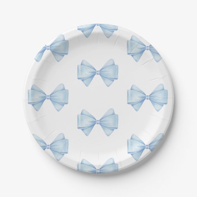 Blue Bow Modern Boy Baby Shower Paper Plate (Front)