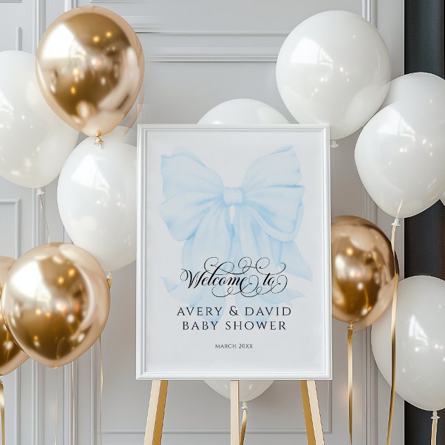 Blue Bow Modern Elegant Baby Boy Shower Poster (Creator Uploaded)