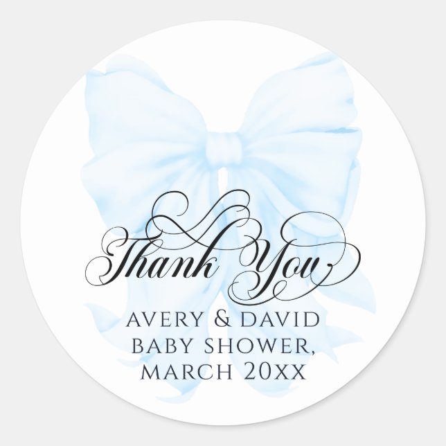 Blue Bow Modern Elegant boy Baby Shower Classic Round Sticker (Front)