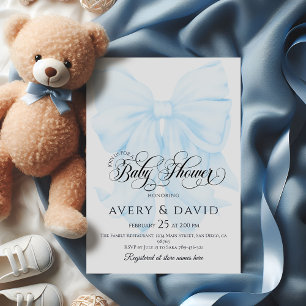 Blue Bow Modern Elegant Boy Baby Shower Invitation