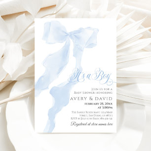 Blue Bow Modern Elegant It's a Boy Baby Shower Invitation