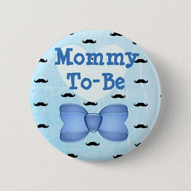 Blue Bow & Moustache Mummy to be Baby Shower Butto 6 Cm Round Badge (Front)