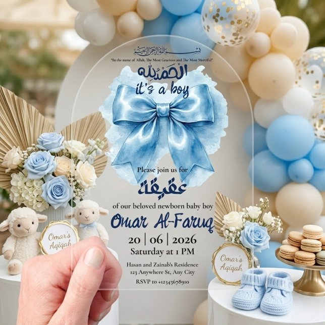 blue bow muslim baby boy aqeeqah acrylic invitations (Creator Uploaded)
