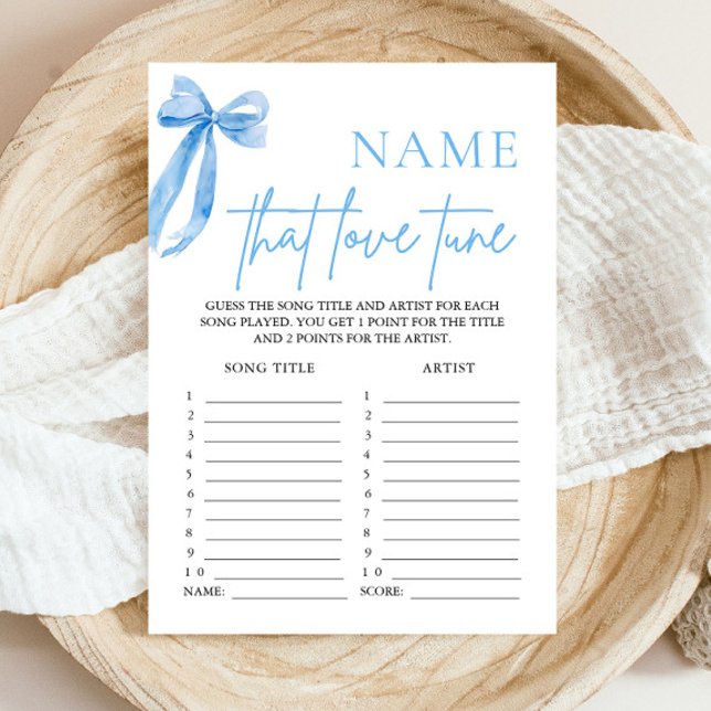 Blue Bow Name That Love Tune Bridal Shower Game Invitation (Modern Blue Bow Coquette Name That Love Tune Bridal Shower Game She's Tying the Knot Bridal Shower)