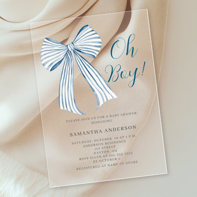 Blue Bow Oh Boy Baby Shower Acrylic Invitations (Creator Uploaded)