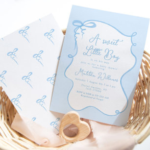Blue bow oh boy dainty bow baby shower invitation