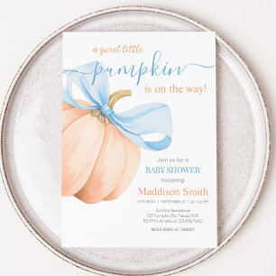 Blue Bow Orange Pumpkin Baby Shower Invitation