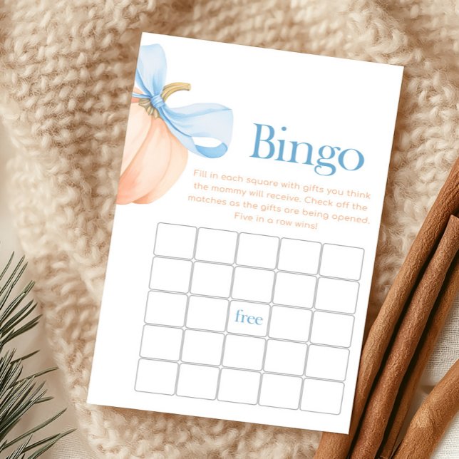Blue Bow Orange Pumpkin Bingo Game (Little Pumpkin Bow Baby Shower Bingo Game)