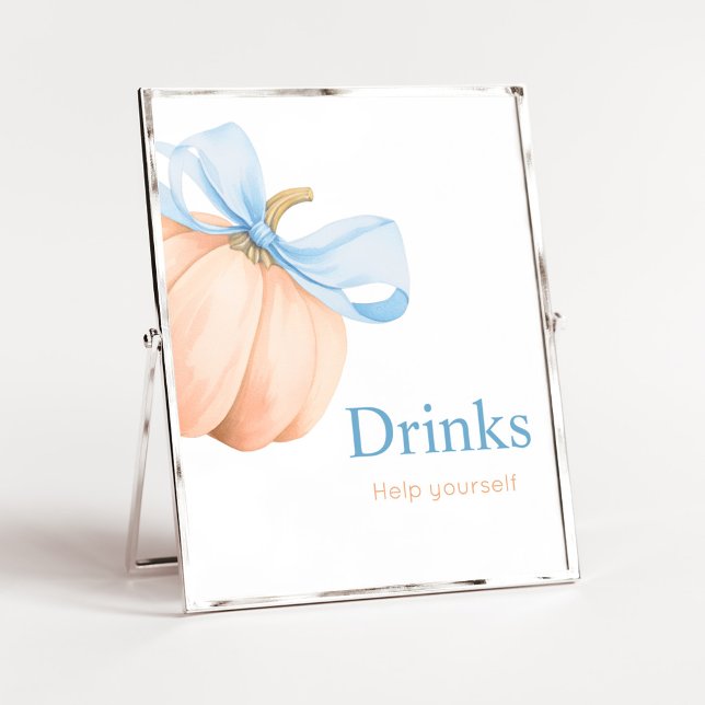 Blue Bow Orange Pumpkin Drinks Sign (Little Pumpkin Bow Baby Shower Drinks Sign)