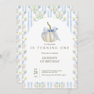 Blue bow Our Little Pumpkin Birthday Invitation