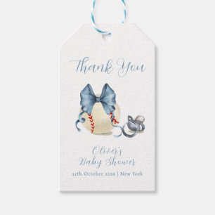 Blue Bow Pacifier Baseball Sport Baby Shower Gift Tags