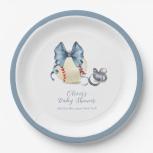 Blue Bow Pacifier Baseball Sport Baby Shower Paper Plate