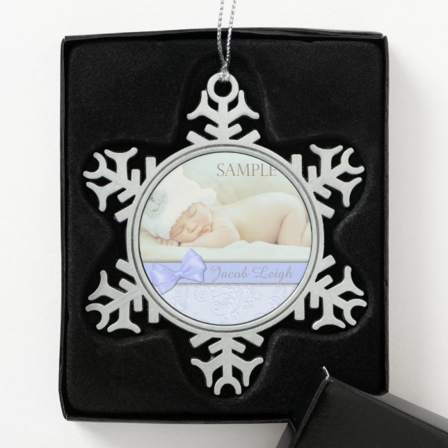 Blue Bow Pastel Baby 1st Christmas Template Snowflake Pewter Christmas Ornament (Box)