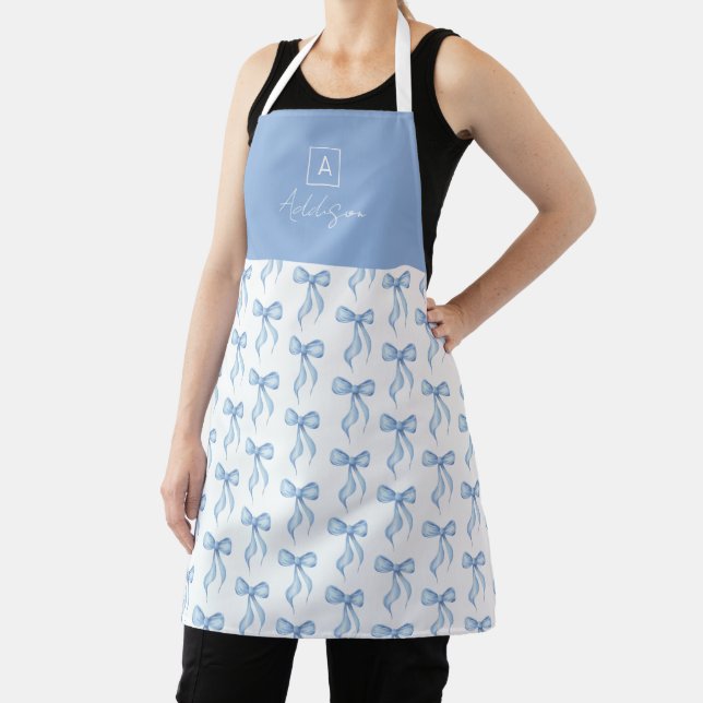 Blue Bow Pattern Monogram Personalised Apron (Insitu)