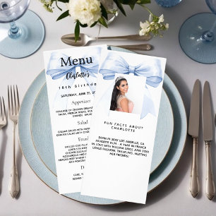 Blue bow photo fun facts birthday menu card