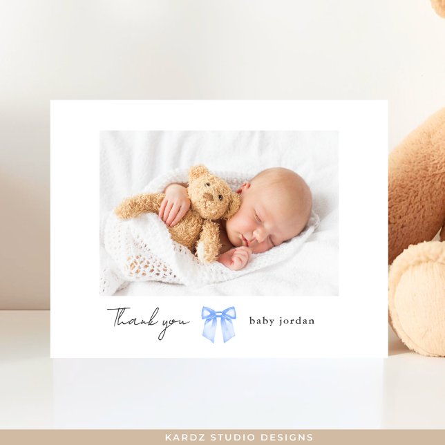 Blue Bow Photo Modern Baby Shower Thank You Postcard (Front of Postcard shown, add your baby's name and picture. Personalize the message on the back.)