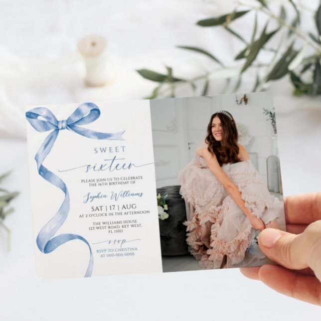 Blue Bow Photo Sweet 16 Birthday Invitation (Creator Uploaded)