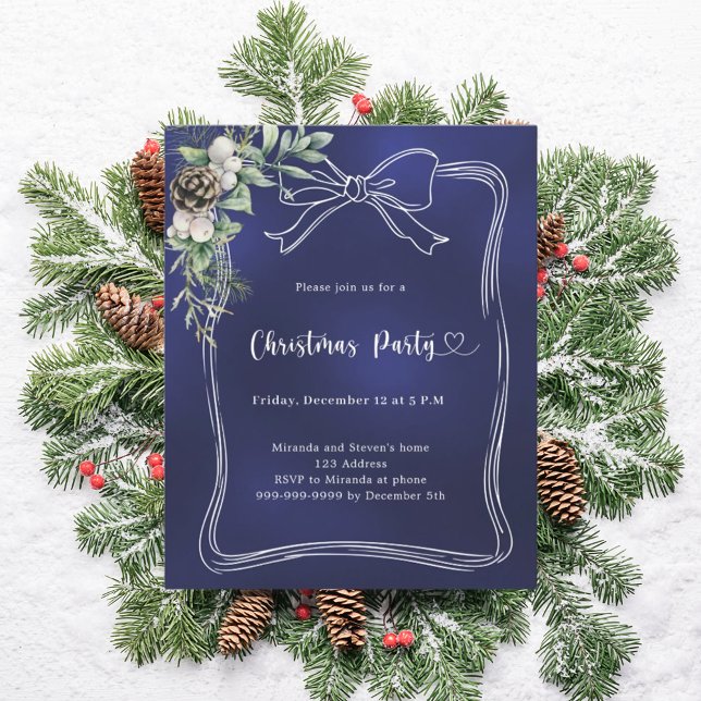 Blue bow pine greenery Christmas Party invitation (Creator Uploaded)