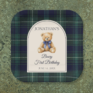 Blue Bow Preppy Teddy Bear 1st Birthday Paper Plate