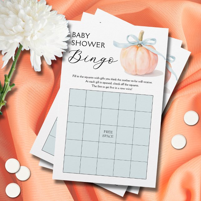 Blue Bow Pumpkin Baby Shower Bingo Game (Blue ribbon and bow pumpkin boy baby shower bingo game cards)