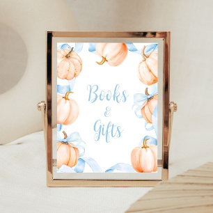 Blue Bow Pumpkin Baby Shower Books and Gifts Sign