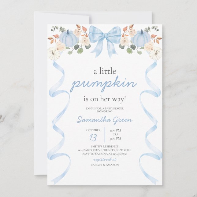 Blue Bow Pumpkin Baby Shower Invitation (Front)