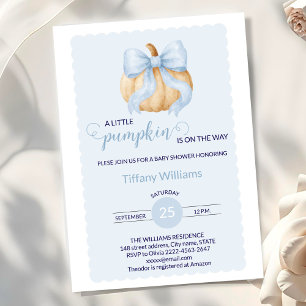 Blue bow pumpkin baby shower minimalistic invitation