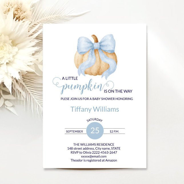 Blue bow pumpkin baby shower minimalistic  invitation (Minimalistic Little Pumpkin Baby Shower Invitation Boy | Blue Bow Fall Theme)