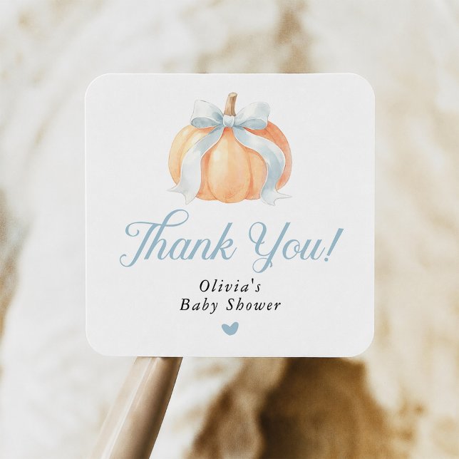 Blue Bow Pumpkin Baby Shower Square Sticker (Creator Uploaded)