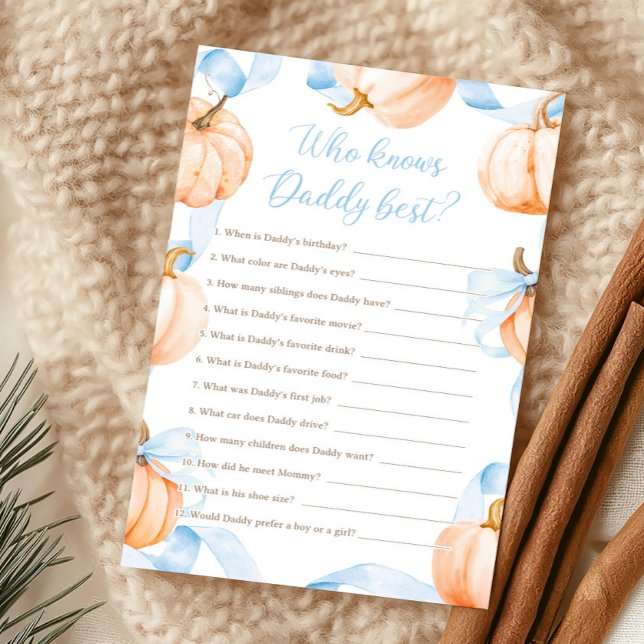 Blue Bow Pumpkin Who Knows Daddy Best Game (Boy Bow Pumpkin Baby Shower Who Knows Daddy Best Game)