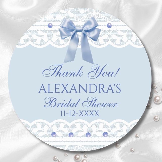 Blue Bow Regency Lace Bridal Shower Thank You Classic Round Sticker (Creator Uploaded)