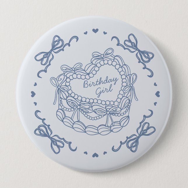 Blue Bow Retro Heart Coquette Cake Birthday Girl 10 Cm Round Badge (Front)