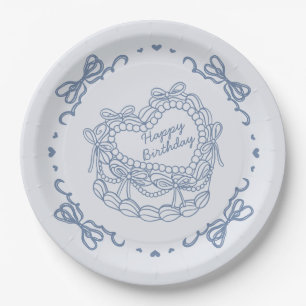 Blue Bow Retro Heart Coquette Cake Birthday Paper Plate