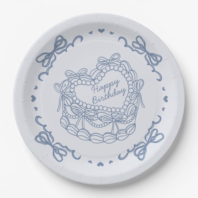 Blue Bow Retro Heart Coquette Cake Birthday Paper Plate (Front)