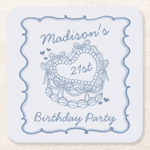Blue Bow Retro Heart Coquette Cake Birthday Square Paper Coaster