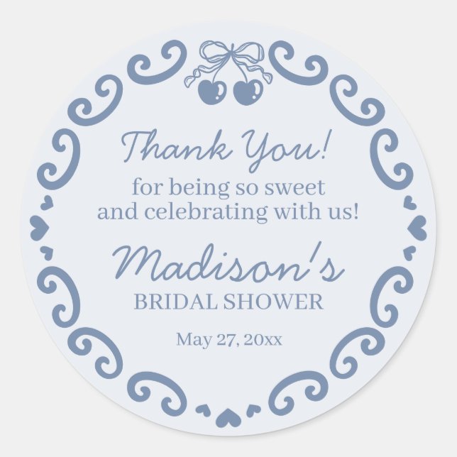 Blue Bow Retro Heart Coquette Cake Bridal Shower Classic Round Sticker (Front)