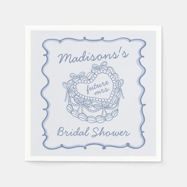 Blue Bow Retro Heart Coquette Cake Bridal Shower Napkin (Front)